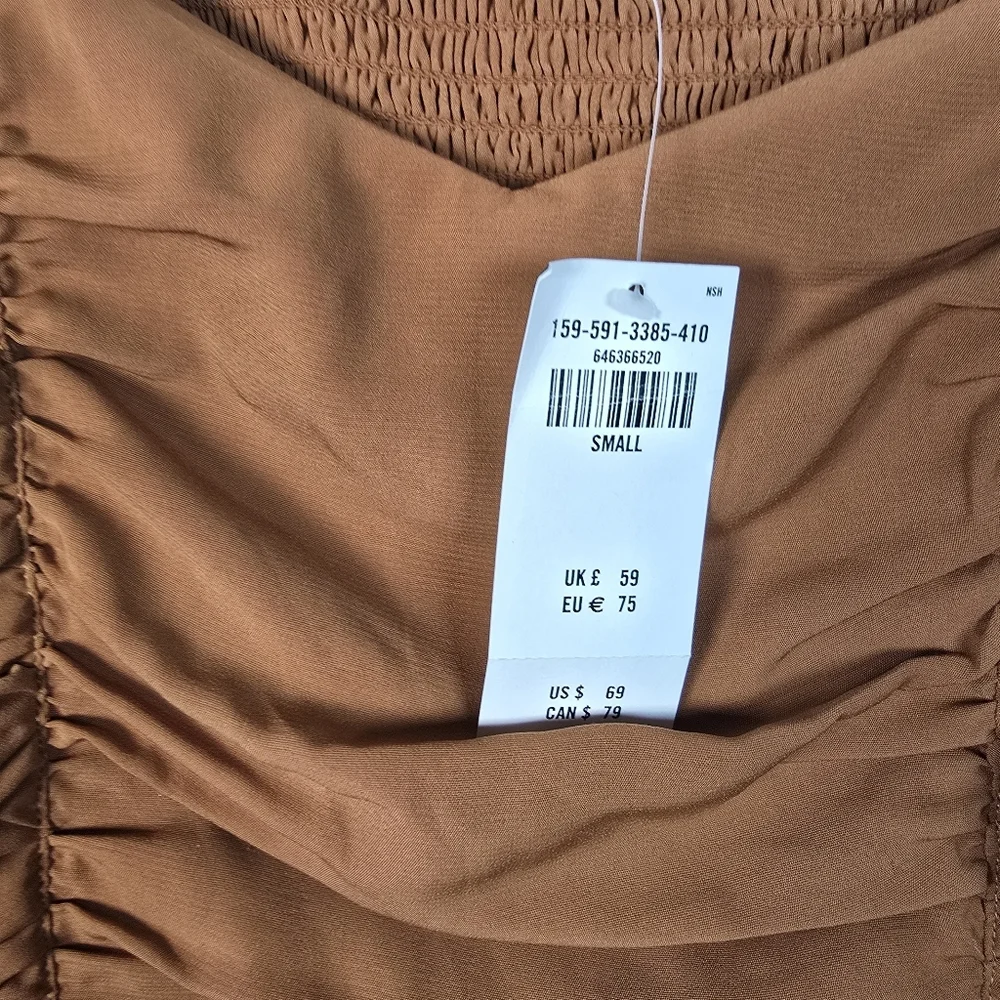 NWT Abercrombie & Fitch Womwn's Ruched Mini Dress Puff Elbow Sleeve Cognac SizeS - Picture 5 of 14